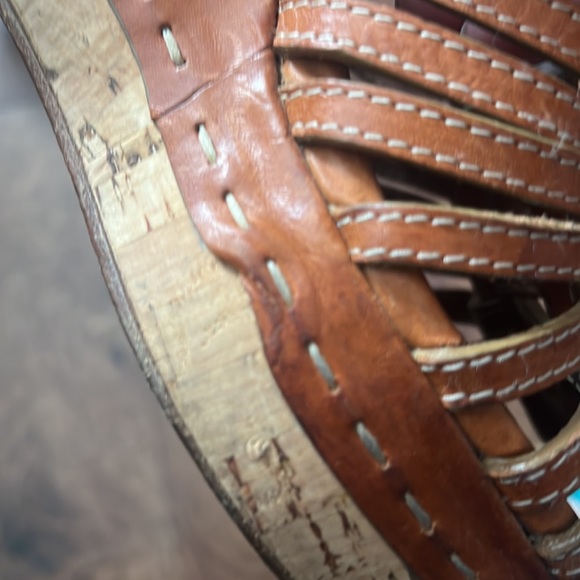 Chloe Tan Leather Double C Buckle T Strap Cork Wedge Platform Sandals - Picture 9 of 14